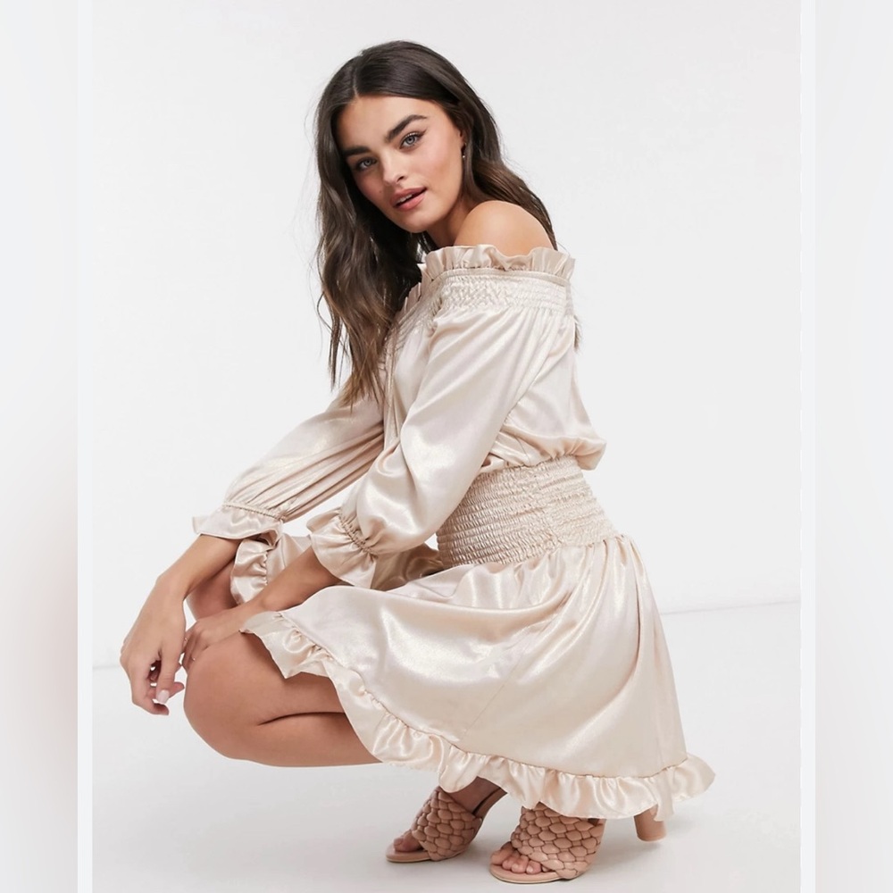 ASOS DESIGN shirred mini dress with pephem in blush